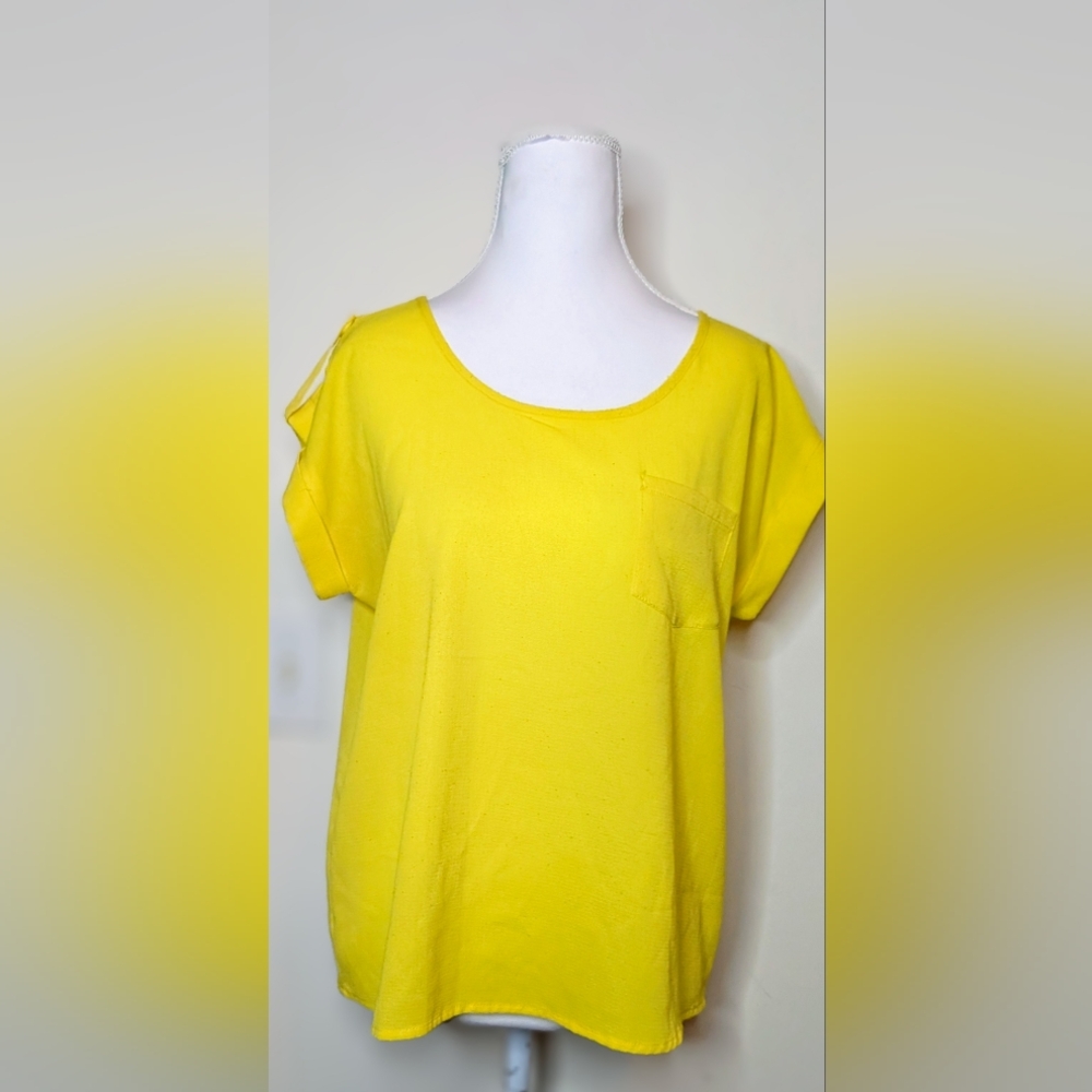 Chocolate Yellow Short Sleeve Blouse Button Back Large - Picture 2 of 8